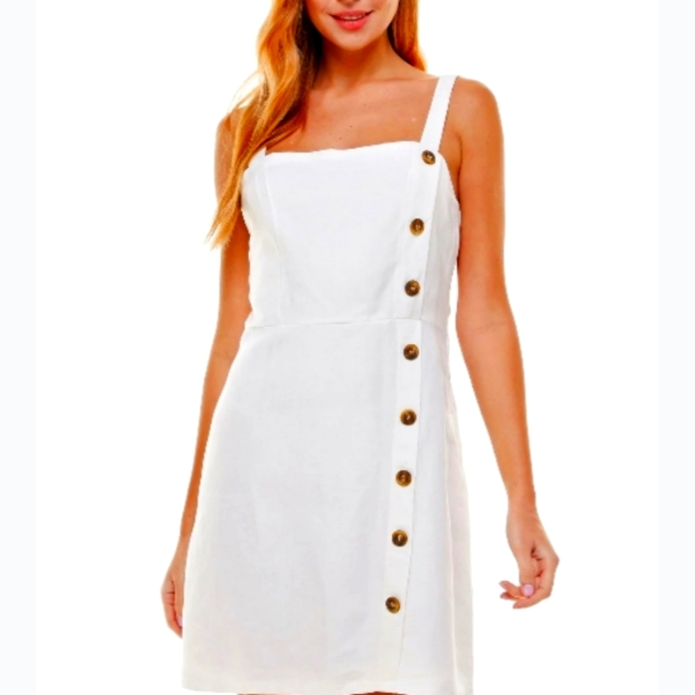 Forever21 White Textured Side Button Sleeveless Square Neck Short A-Line Dress